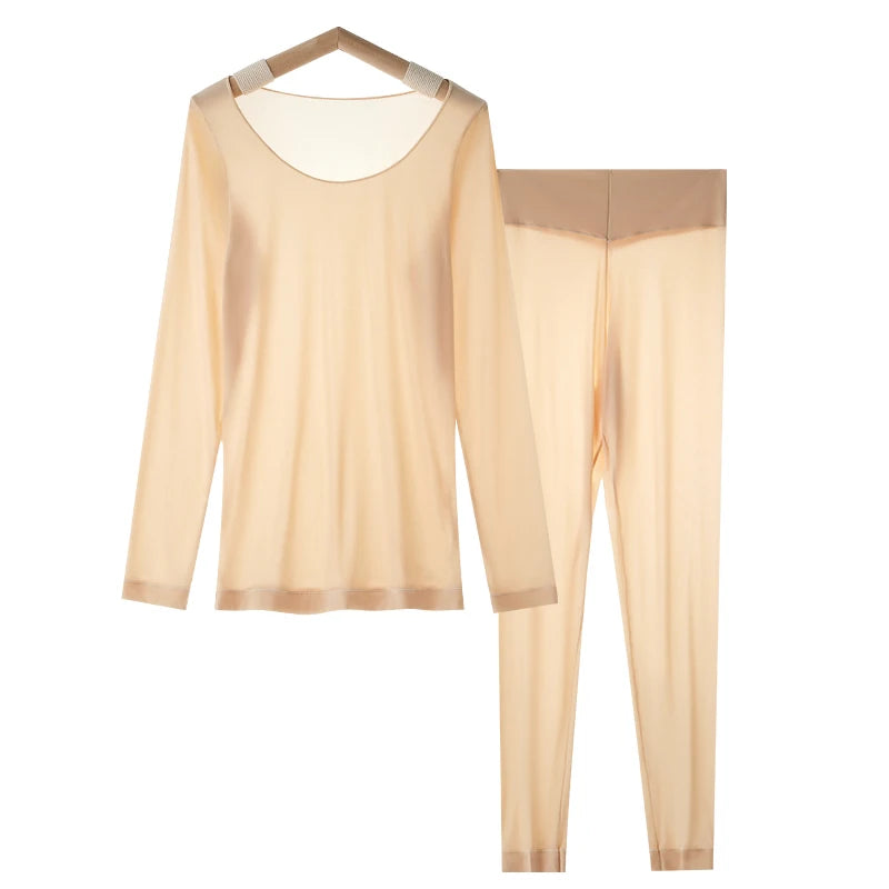 Ultra Thin Seamless Thermal Underwear Set Women First Layer Thermal Top Long Johns Fall Winter Thermo Clothing Ladies 2Pcs Suit