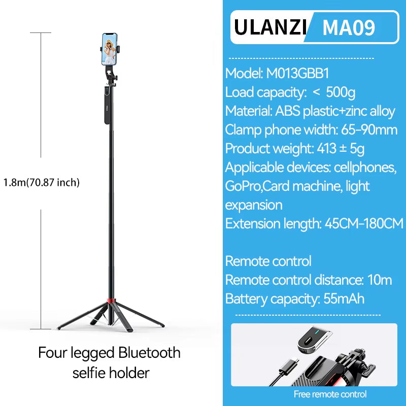 MA09 1.8M Selfie Stick Tripod with Remote for iPhone & Android