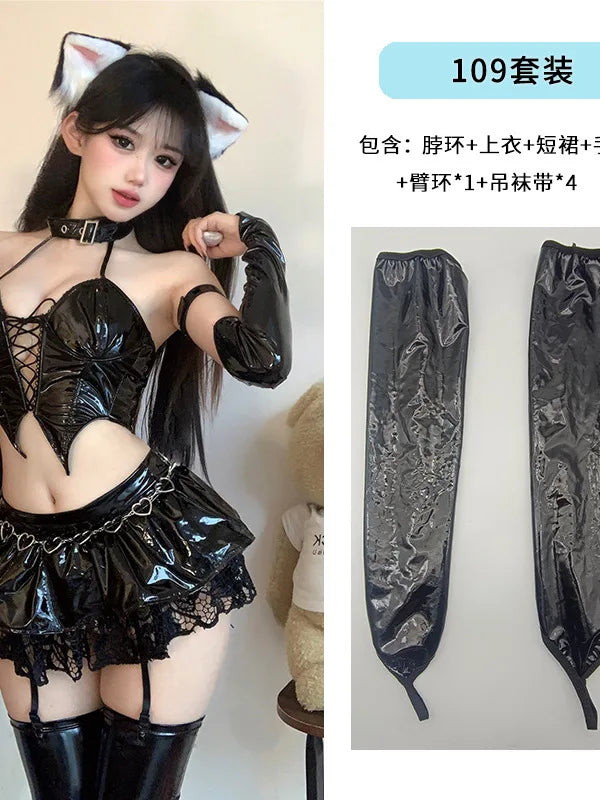 Elegant Anime Cat Girl Cosplay Set – Patent Leather Uniform & Skirt