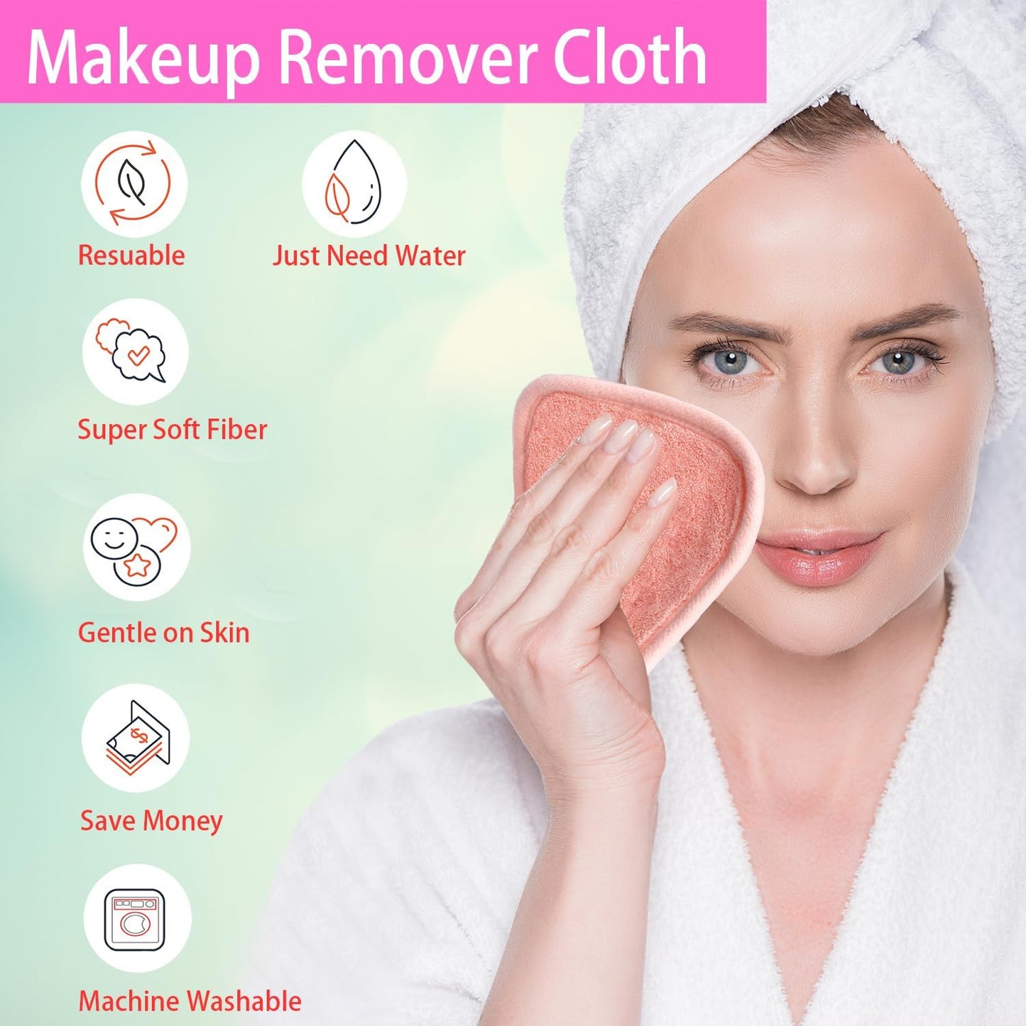 Reusable Microfiber Makeup Remover Pads - Soft Facial Cleansing Cloths for Face, Eyes, and Lips - 12 Pack (Coral)