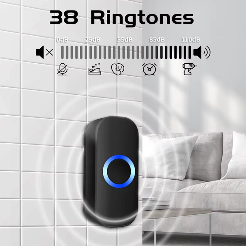 Wireless 433MHz Doorbell 200M Range, 38 Songs, Waterproof