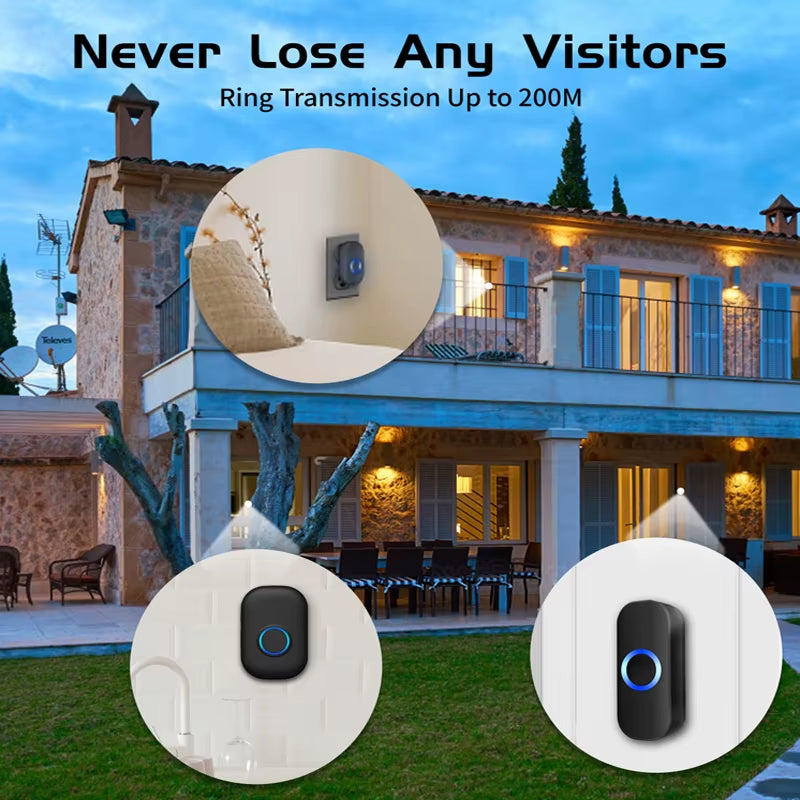 Wireless 433MHz Doorbell 200M Range, 38 Songs, Waterproof