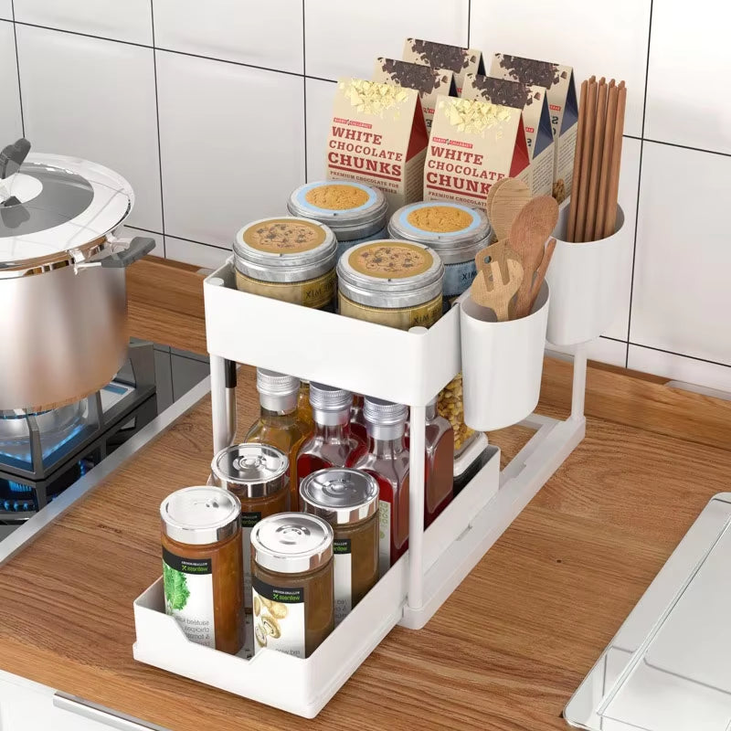 "2-Tier Under Sink Sliding Cabinet Organizer with Hooks"