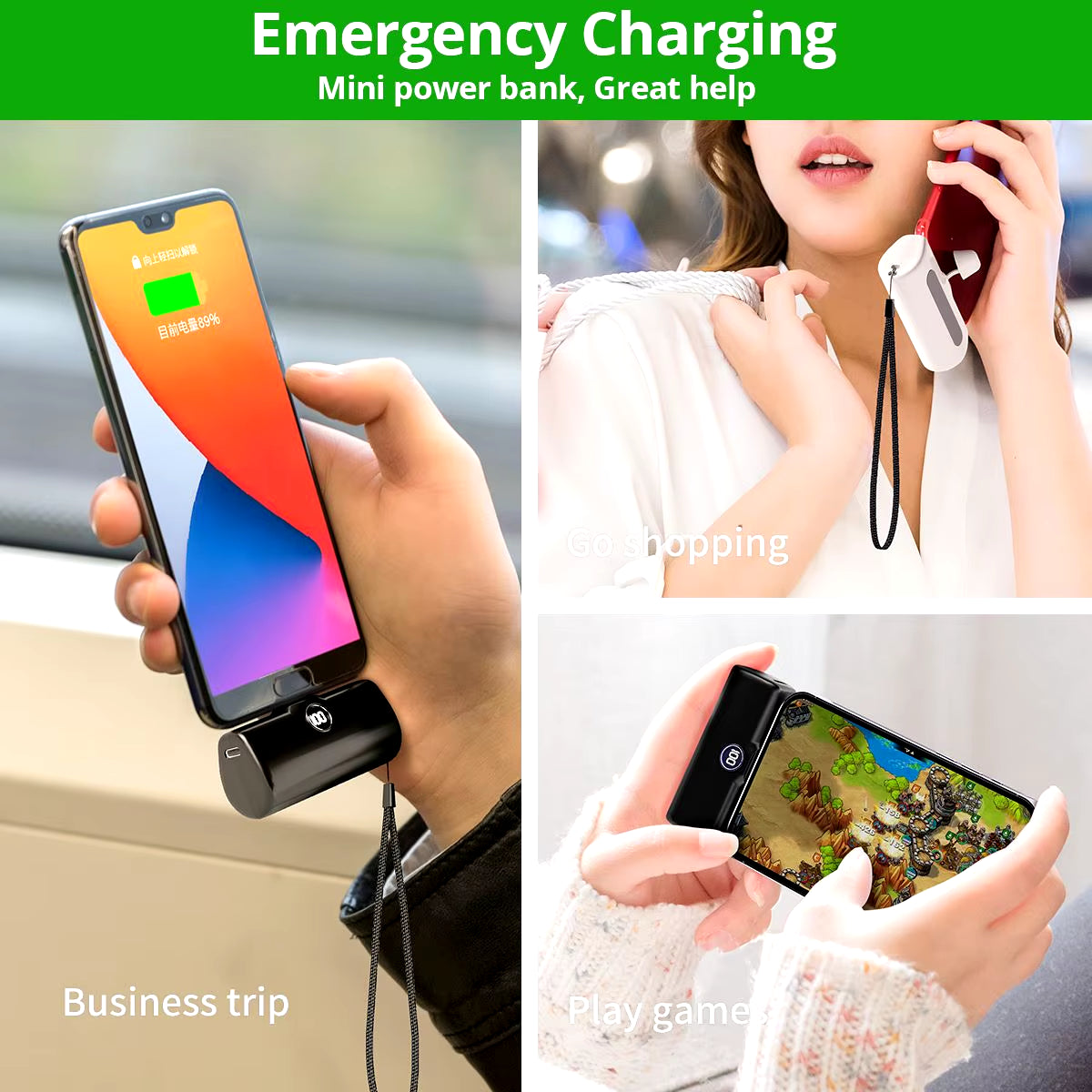 Portable Fast Charger with Built-In Cable for iPhone/Samsung