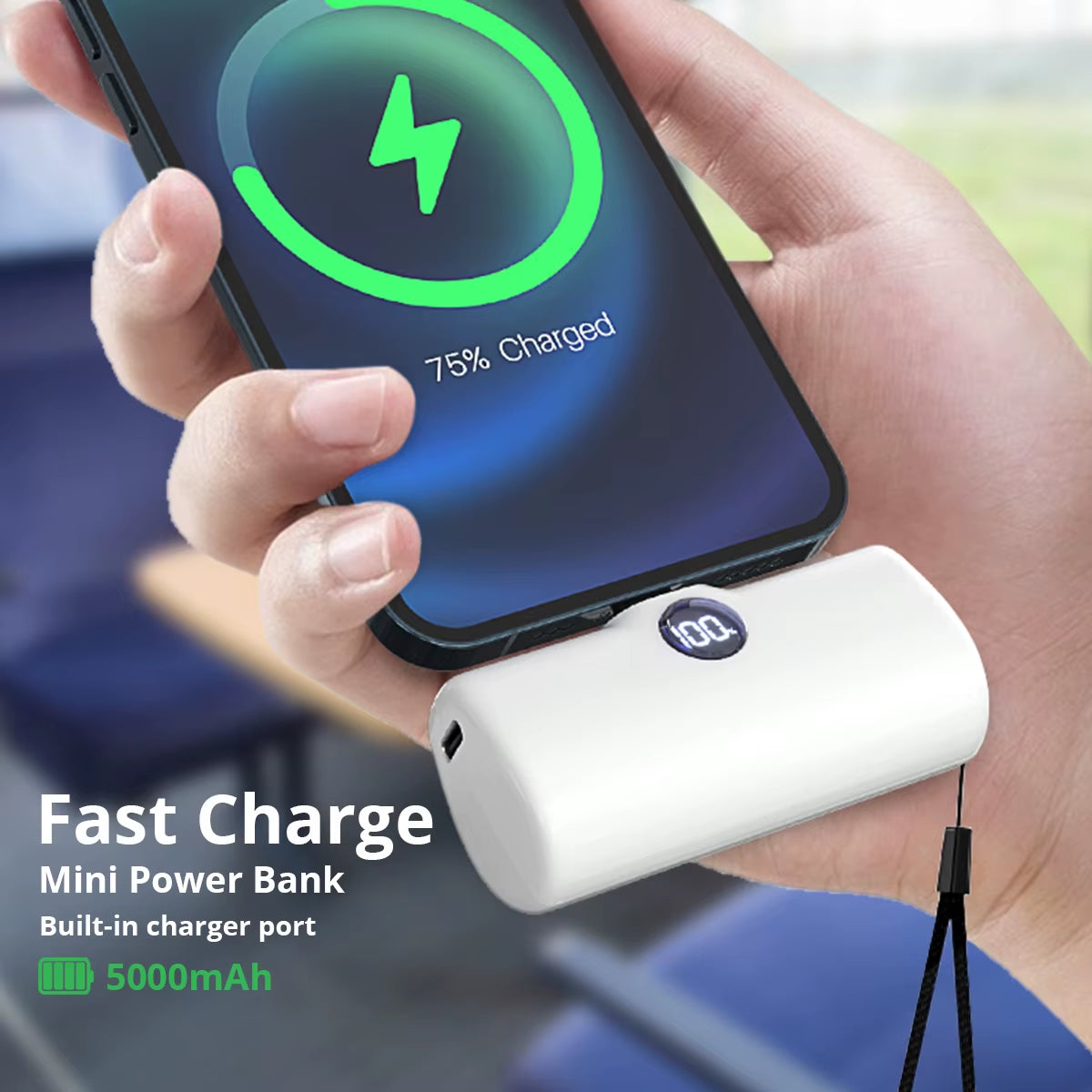 Portable Fast Charger with Built-In Cable for iPhone/Samsung