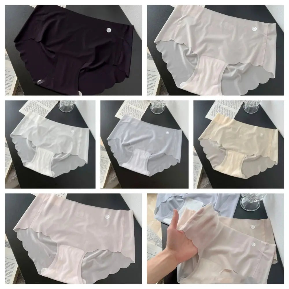 Breathable Solid Color Ice Silk Panties Ultra Thin Soft Middle Waist Briefs Cotton Crotch Underwear Seamless Lingerie Daily