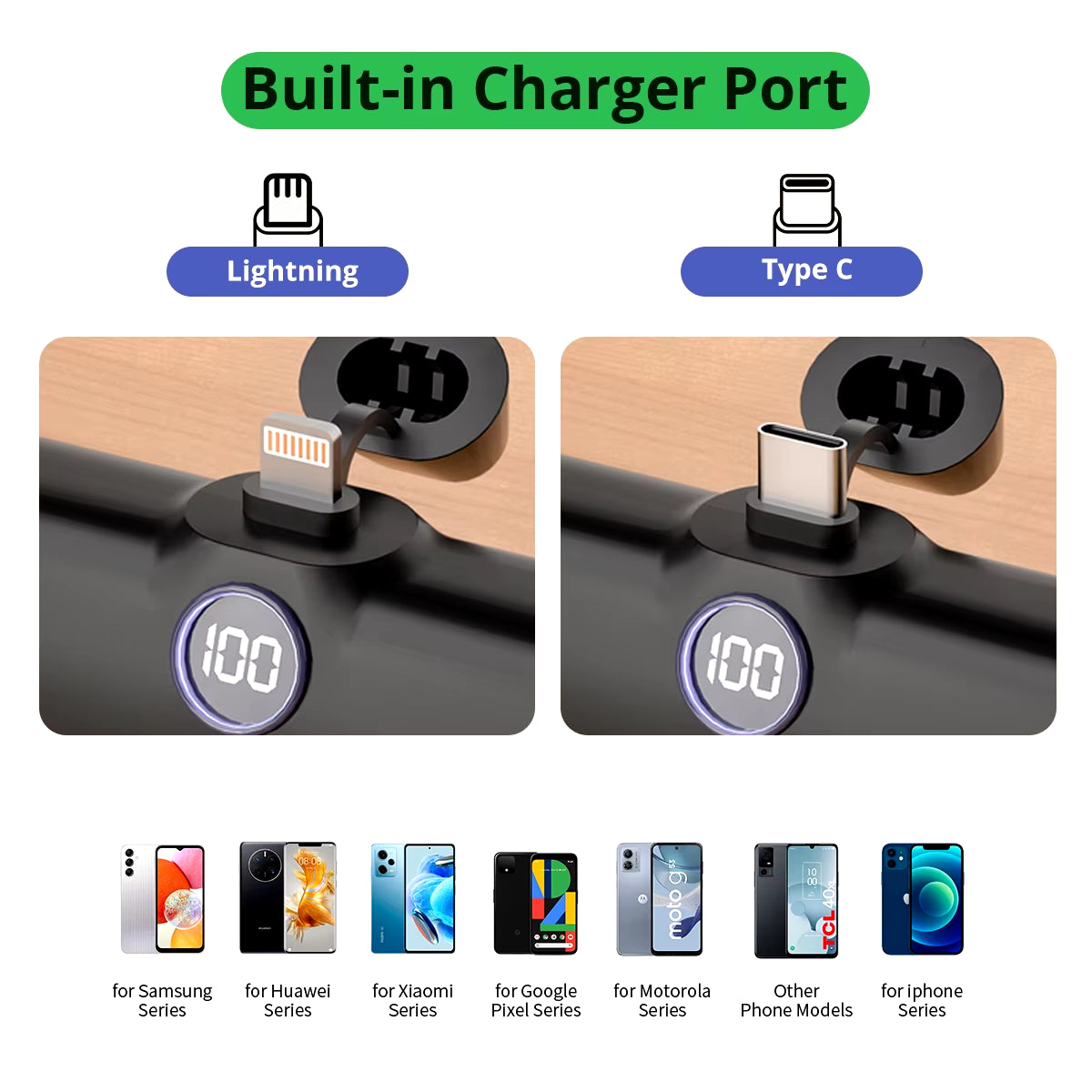 Portable Fast Charger with Built-In Cable for iPhone/Samsung