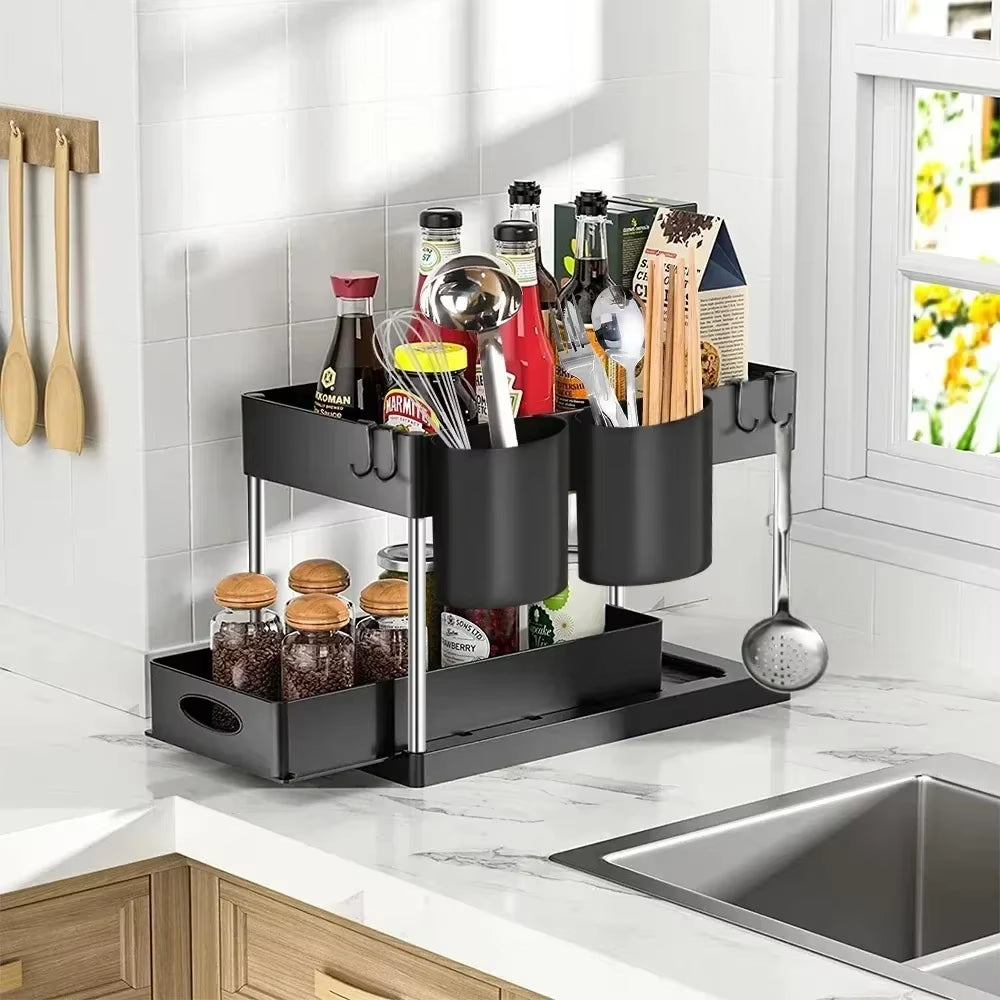 "2-Tier Under Sink Sliding Cabinet Organizer with Hooks"