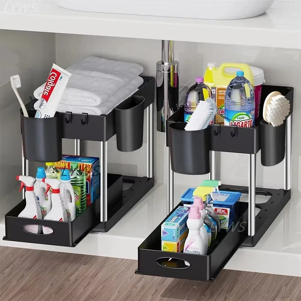 "2-Tier Under Sink Sliding Cabinet Organizer with Hooks"