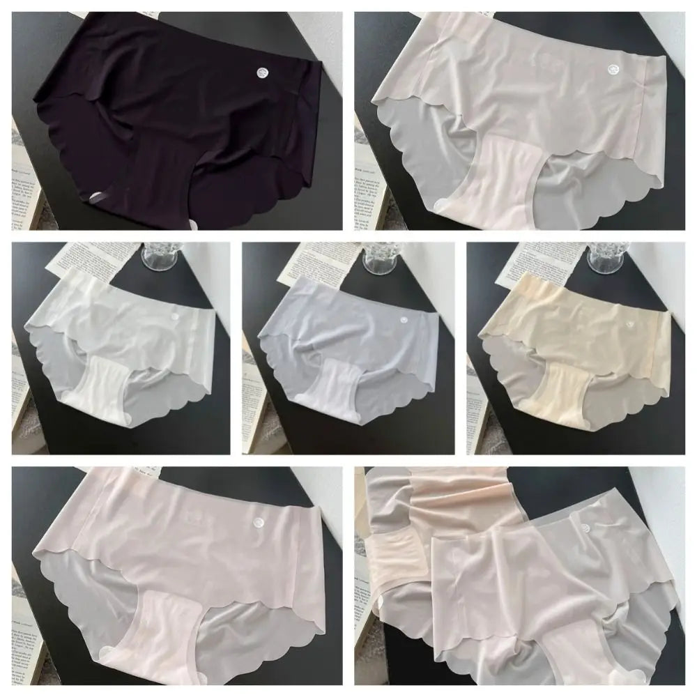 Breathable Solid Color Ice Silk Panties Ultra Thin Soft Middle Waist Briefs Cotton Crotch Underwear Seamless Lingerie Daily