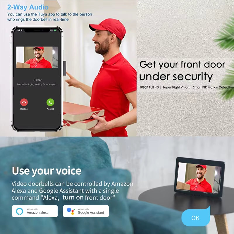 Tuya 1080P WiFi Video Doorbell with Alexa & POE Support"