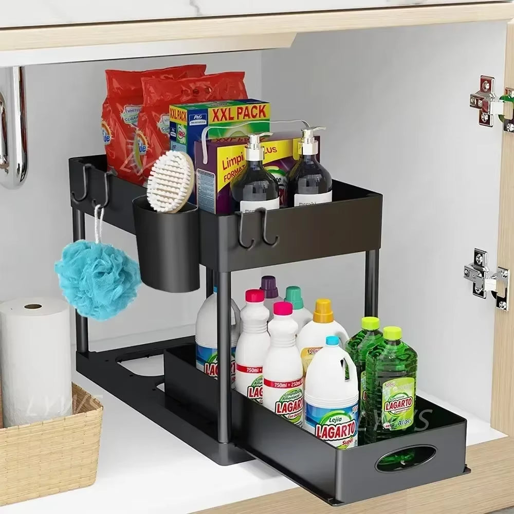 "2-Tier Under Sink Sliding Cabinet Organizer with Hooks"