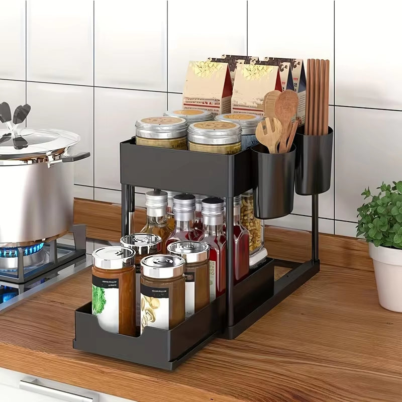 "2-Tier Under Sink Sliding Cabinet Organizer with Hooks"