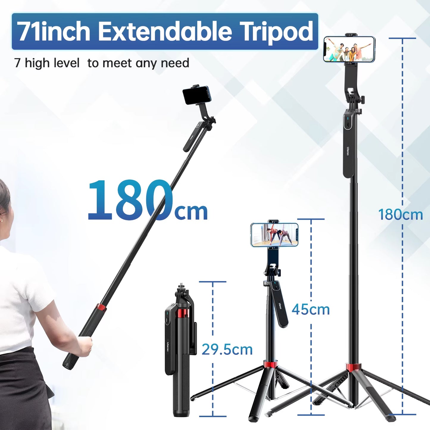 MA09 1.8M Selfie Stick Tripod with Remote for iPhone & Android
