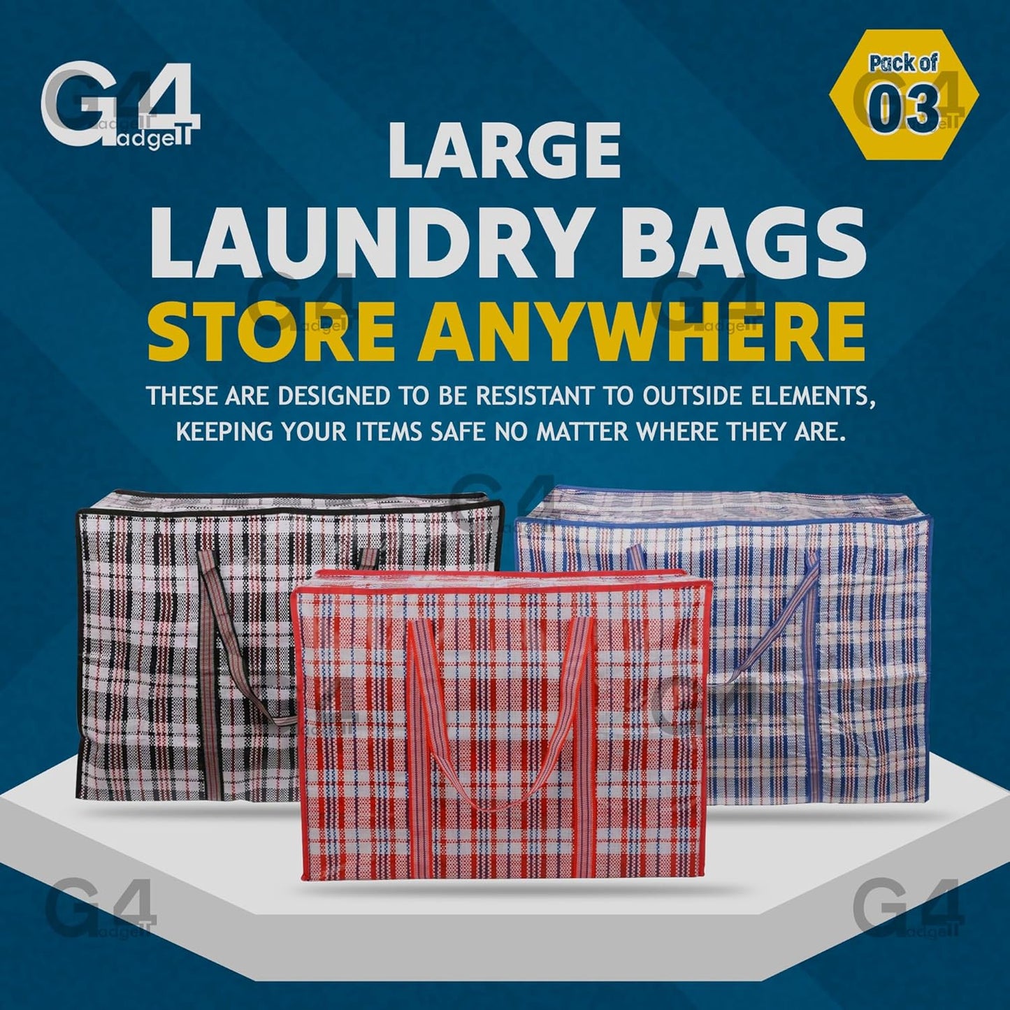 3-Pack Large Heavy Duty Laundry Bags with Zips & Handles