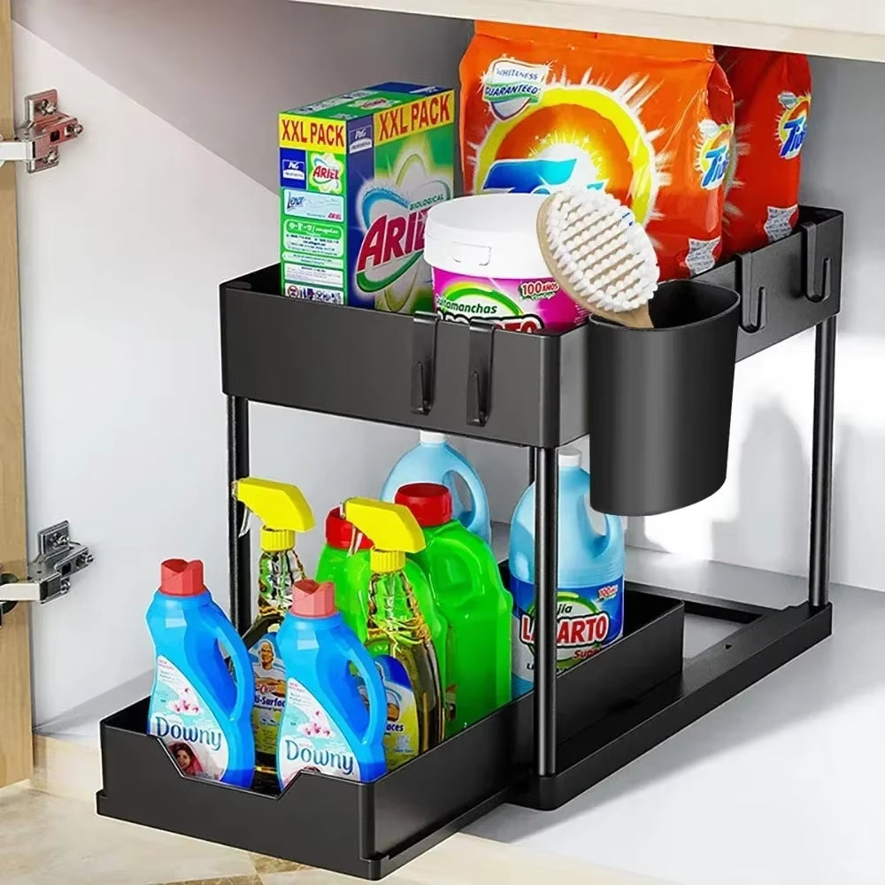 "2-Tier Under Sink Sliding Cabinet Organizer with Hooks"
