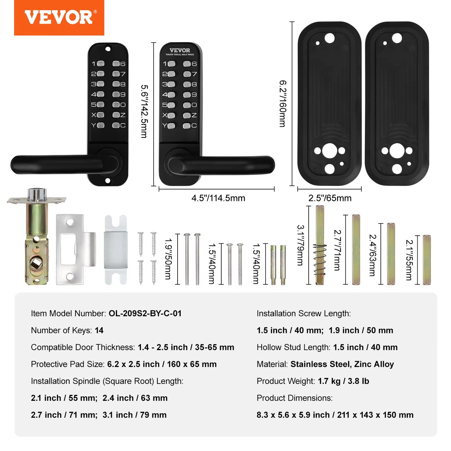 VEVOR Mechanical Keyless Entry Lock - 14 Digit Keypad & Handle