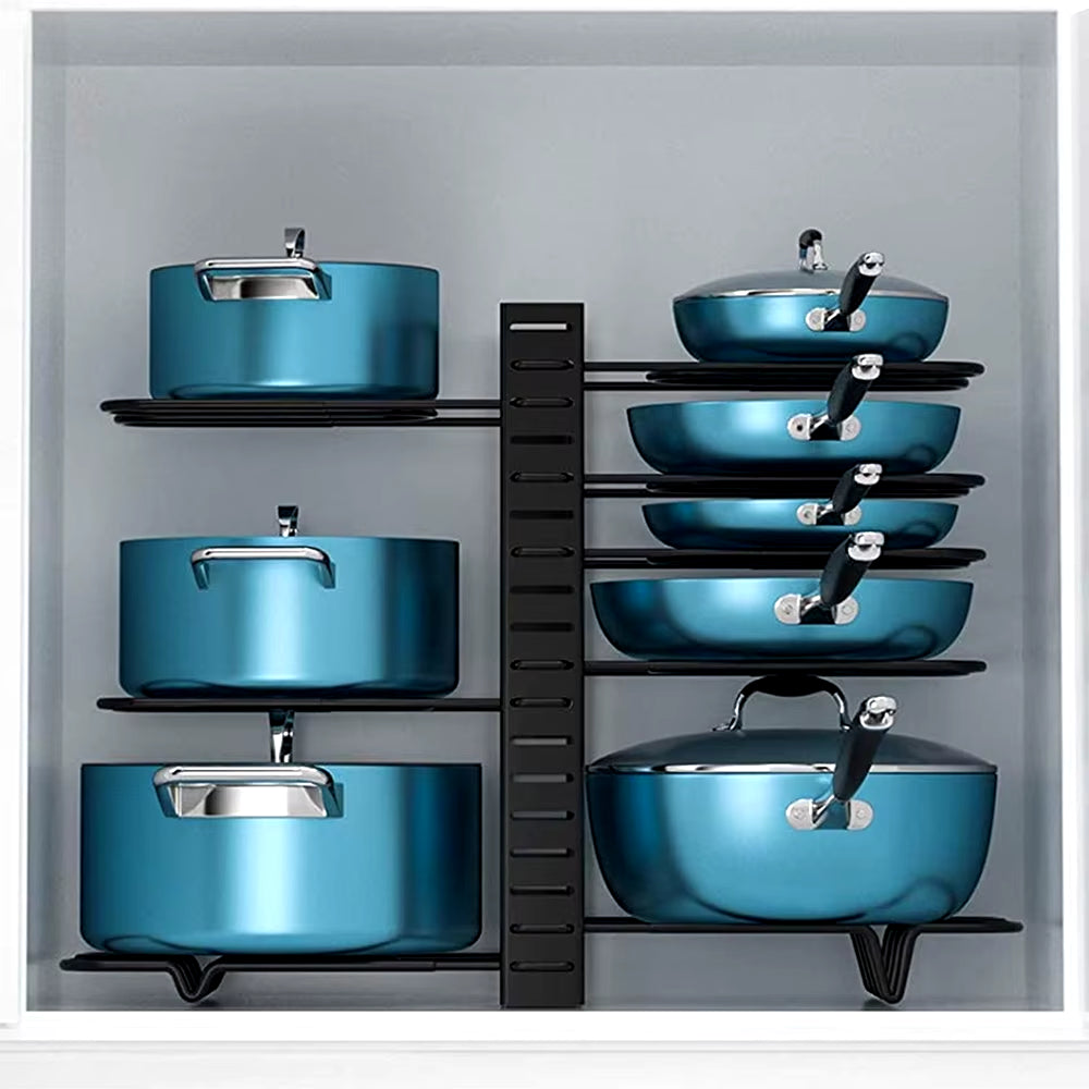 "8-Tier Adjustable Pan & Pot Organizer Rack for Kitchen"
