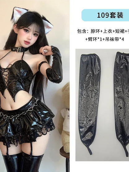 Elegant Anime Cat Girl Cosplay Set – Patent Leather Uniform & Skirt