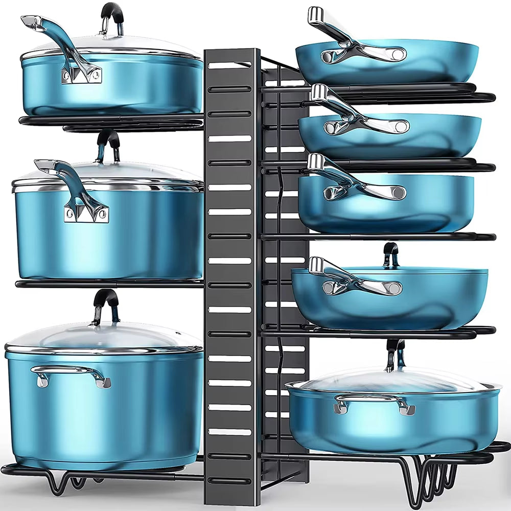 "8-Tier Adjustable Pan & Pot Organizer Rack for Kitchen"