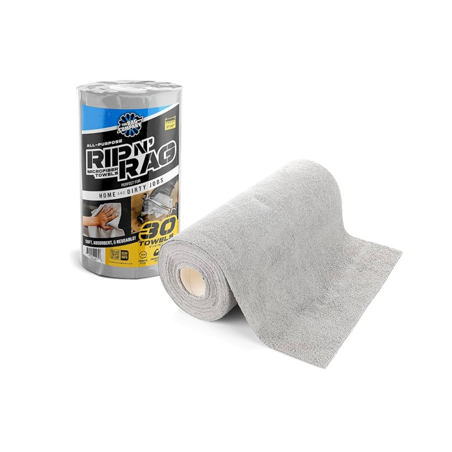 Rip N' Rag Reusable Microfiber Towels - 30 Count Roll, 70/30 Blend, 200GSM for Home, Office & More