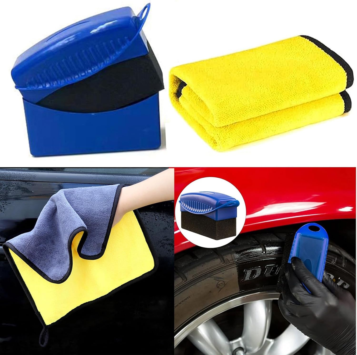 Tire Shine Applicator Kit - Reusable Sponge Pad, Brush, Towel, & Lid for Car Detailing