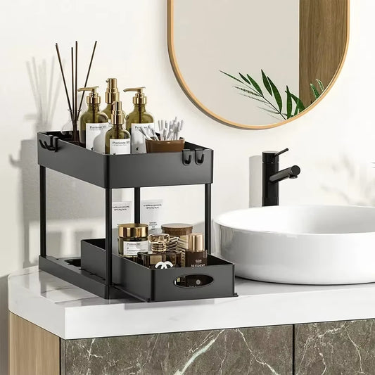"2-Tier Under Sink Sliding Cabinet Organizer with Hooks"