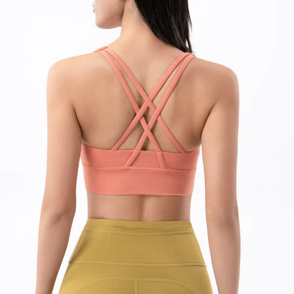 New Cross Back Nylon Yoga Top Women Sports Bra Quick Dry Workout Fitness Bra For Women Gym Running Breathable Underwear 25 Color