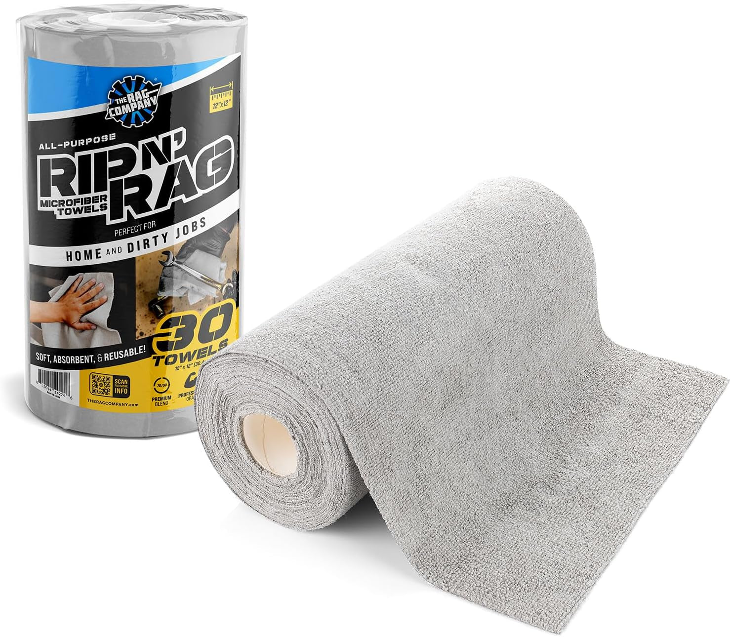 Rip N' Rag Reusable Microfiber Towels - 30 Count Roll, 70/30 Blend, 200GSM for Home, Office & More