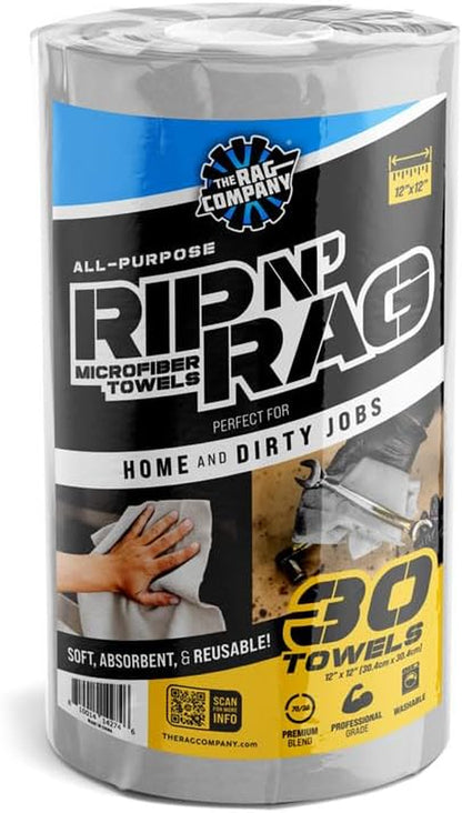 Rip N' Rag Reusable Microfiber Towels - 30 Count Roll, 70/30 Blend, 200GSM for Home, Office & More