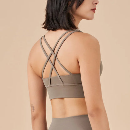 New Cross Back Nylon Yoga Top Women Sports Bra Quick Dry Workout Fitness Bra For Women Gym Running Breathable Underwear 25 Color