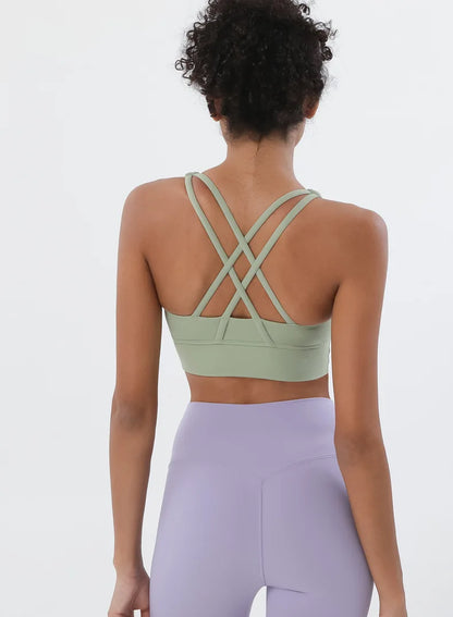 New Cross Back Nylon Yoga Top Women Sports Bra Quick Dry Workout Fitness Bra For Women Gym Running Breathable Underwear 25 Color
