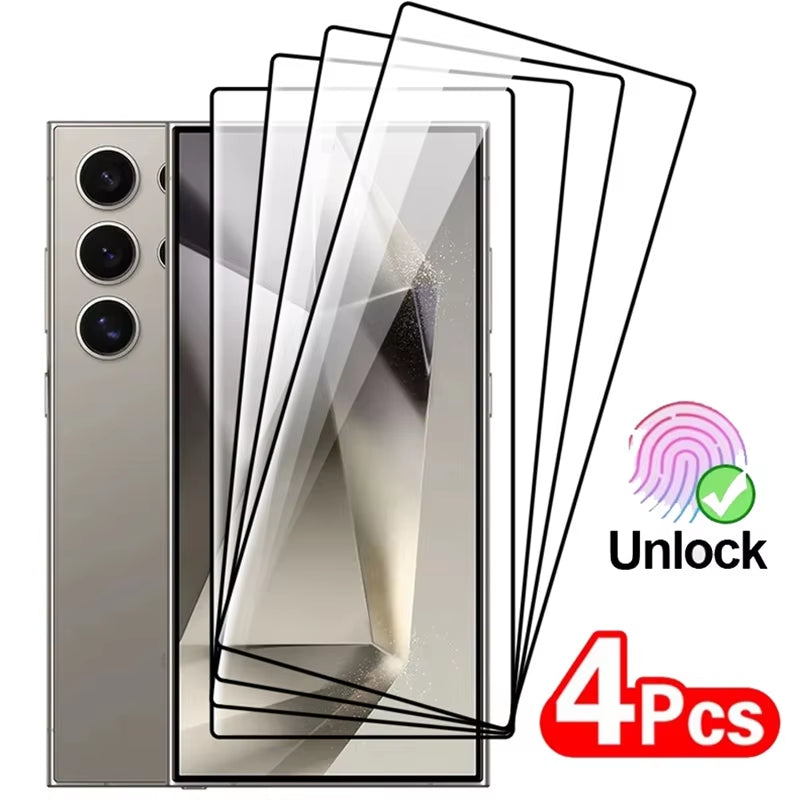 4PCS Full Cover Tempered Glass for  Galaxy S24 S25 Ultra Fingerprint Unlock Screen Protector S24Plus S24+ S24 Ultra Glass