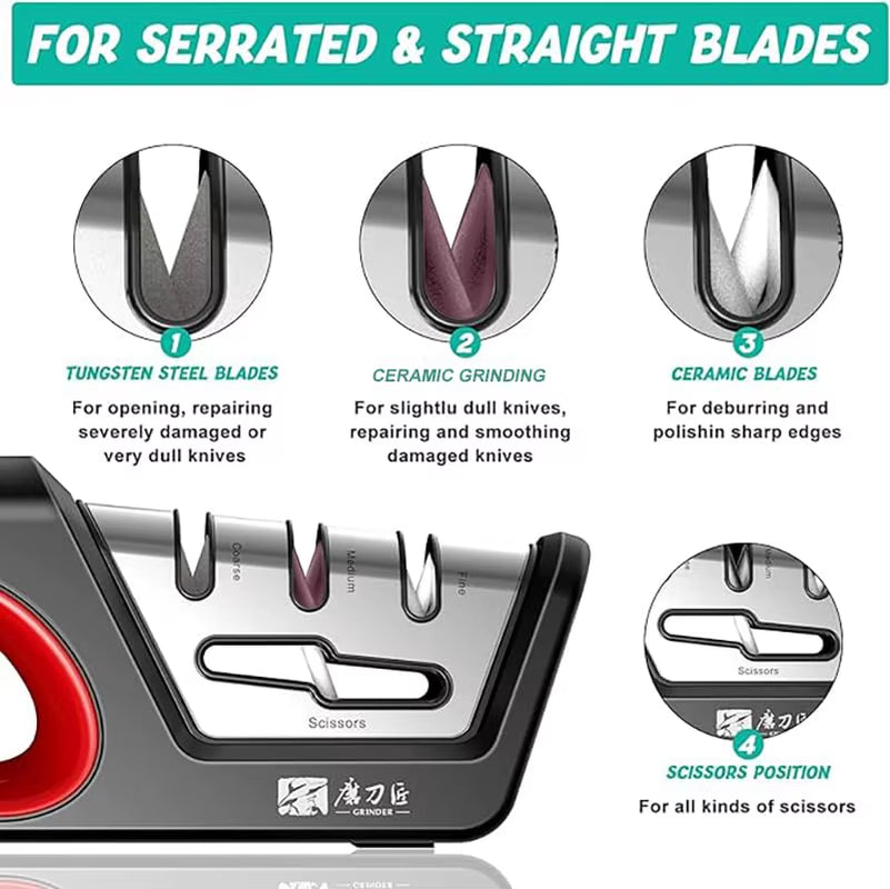 4-in-1 Kitchen Sharpener for Knives & Scissors - Diamond Steel