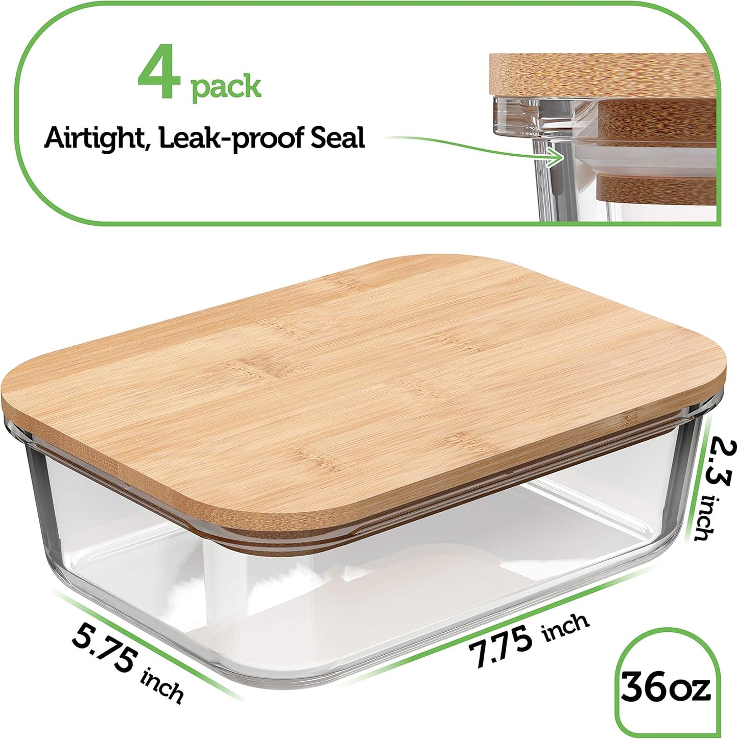 4-Pack Glass Food Storage Containers with Bamboo Lids – BPA Free