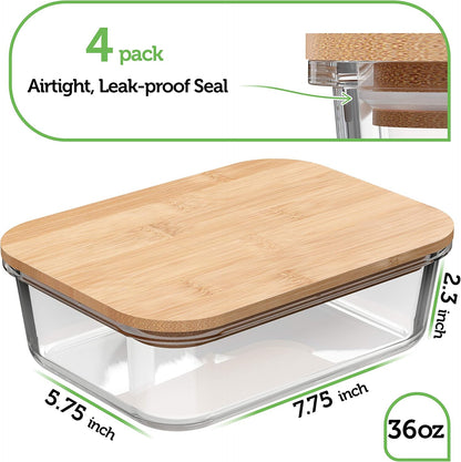 4-Pack Glass Food Storage Containers with Bamboo Lids – BPA Free