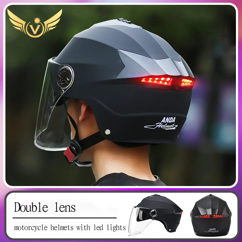 Motorcycle Helmet with LED Lights – Dual Visor Scooter & Bike Helmet for Men & Women