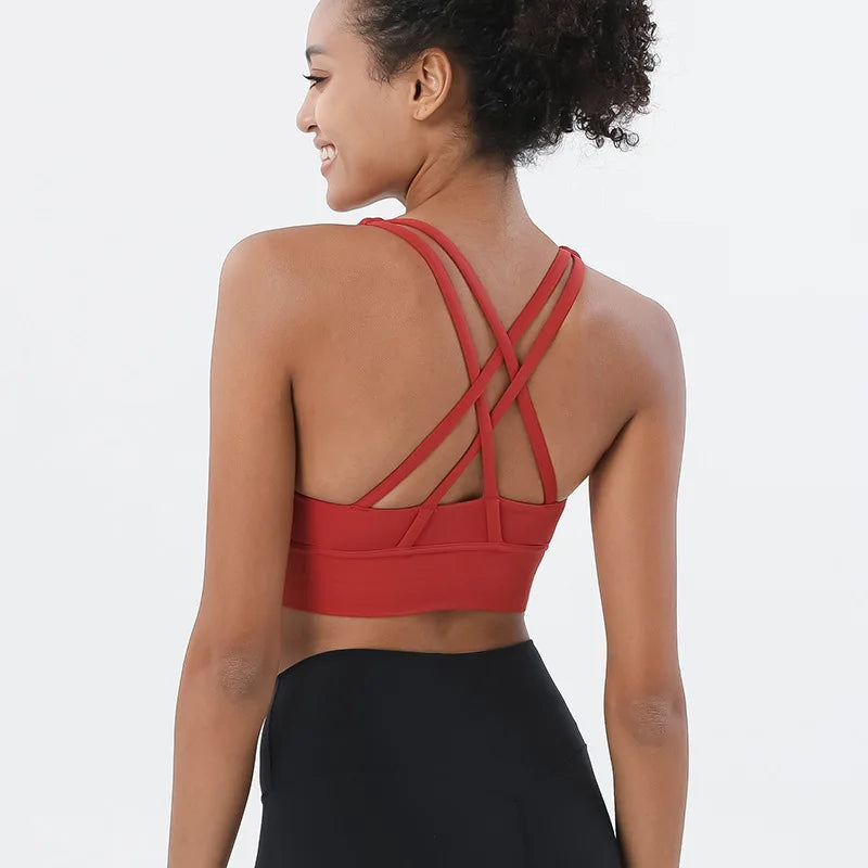 New Cross Back Nylon Yoga Top Women Sports Bra Quick Dry Workout Fitness Bra For Women Gym Running Breathable Underwear 25 Color