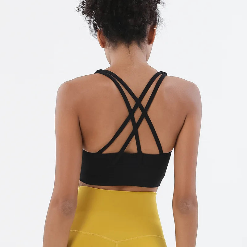 New Cross Back Nylon Yoga Top Women Sports Bra Quick Dry Workout Fitness Bra For Women Gym Running Breathable Underwear 25 Color