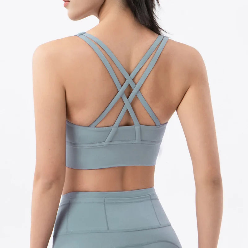 New Cross Back Nylon Yoga Top Women Sports Bra Quick Dry Workout Fitness Bra For Women Gym Running Breathable Underwear 25 Color