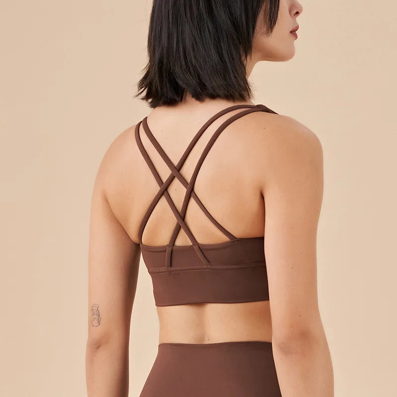 New Cross Back Nylon Yoga Top Women Sports Bra Quick Dry Workout Fitness Bra For Women Gym Running Breathable Underwear 25 Color