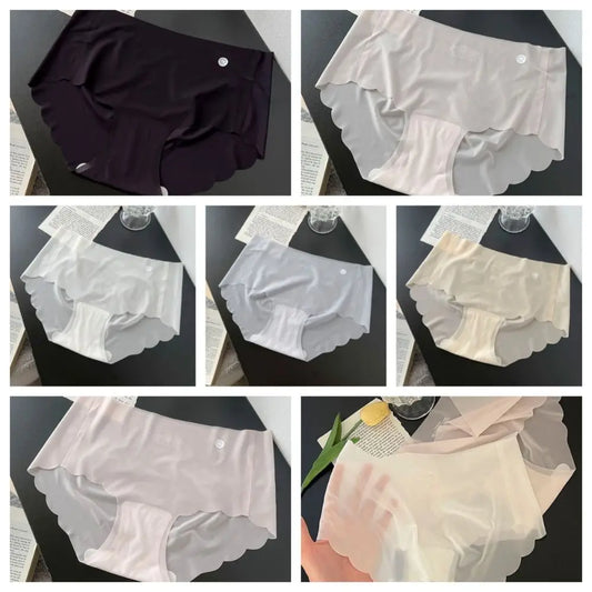 Breathable Solid Color Ice Silk Panties Ultra Thin Soft Middle Waist Briefs Cotton Crotch Underwear Seamless Lingerie Daily