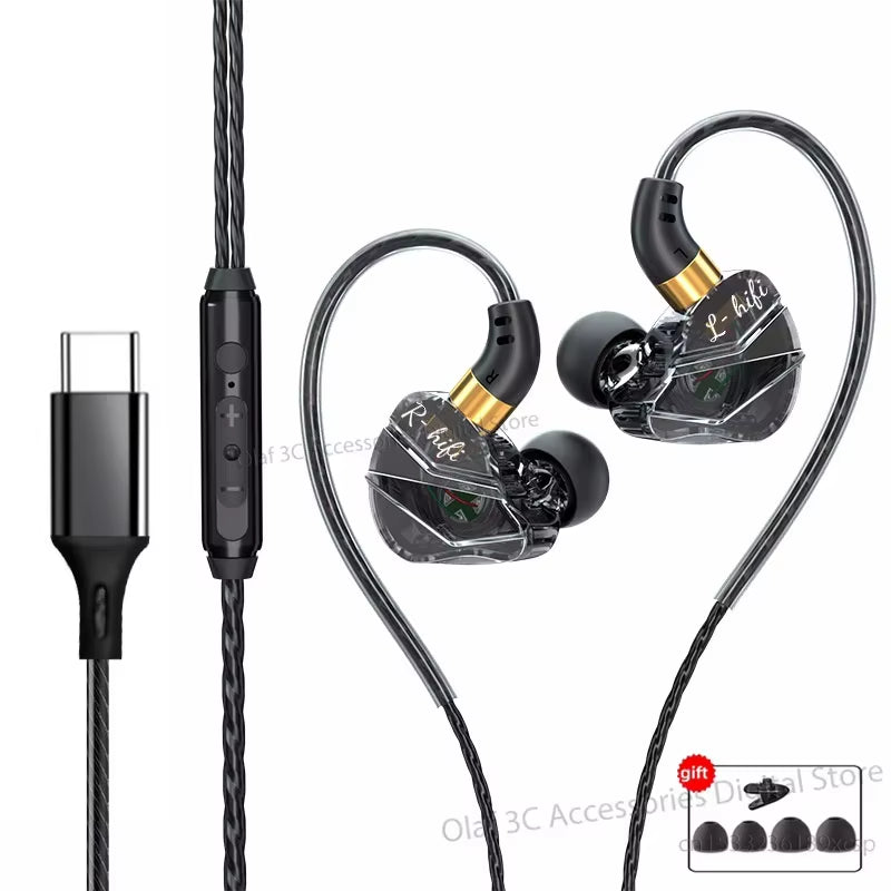 3.5mm Jack Type-C Wired Headphones HIFI Bass Earbuds