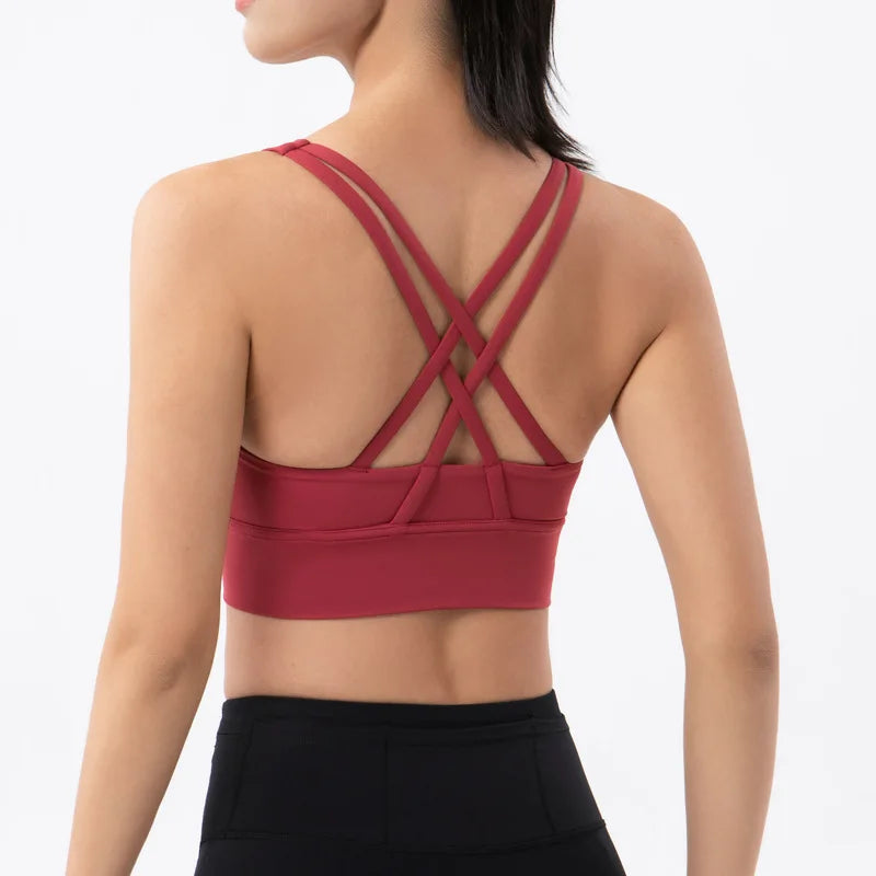 New Cross Back Nylon Yoga Top Women Sports Bra Quick Dry Workout Fitness Bra For Women Gym Running Breathable Underwear 25 Color