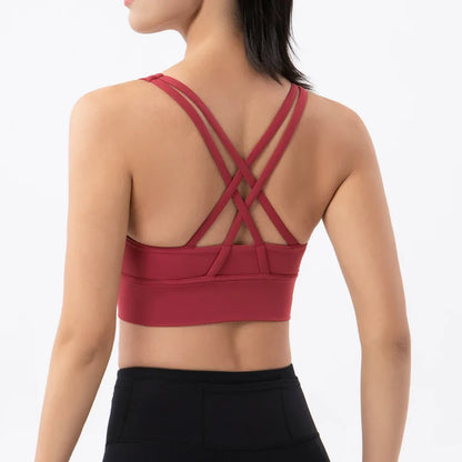 New Cross Back Nylon Yoga Top Women Sports Bra Quick Dry Workout Fitness Bra For Women Gym Running Breathable Underwear 25 Color