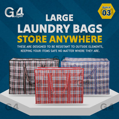 3-Pack Large Heavy Duty Laundry Bags with Zips & Handles