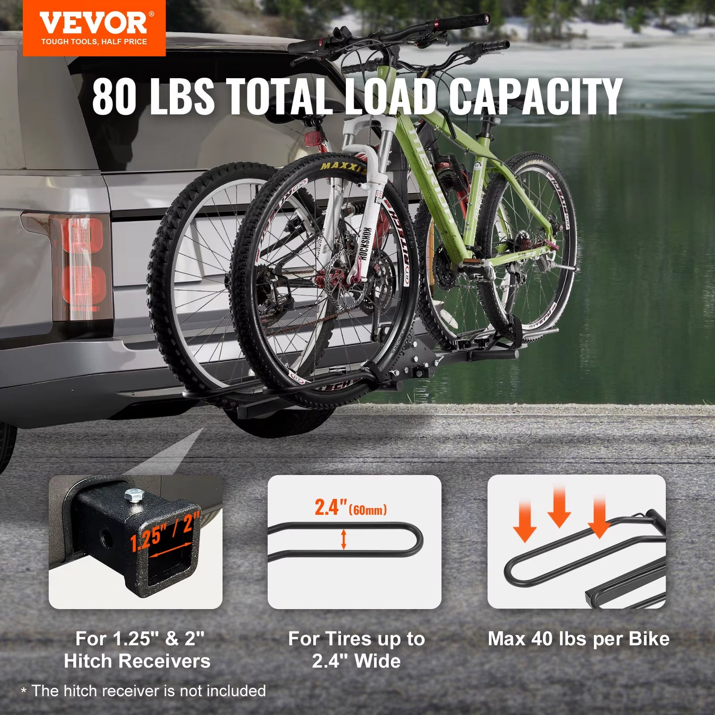 VEVOR 2-Bike Hitch Mount Rack 80LBS Max Capacity for Car