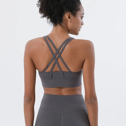 New Cross Back Nylon Yoga Top Women Sports Bra Quick Dry Workout Fitness Bra For Women Gym Running Breathable Underwear 25 Color
