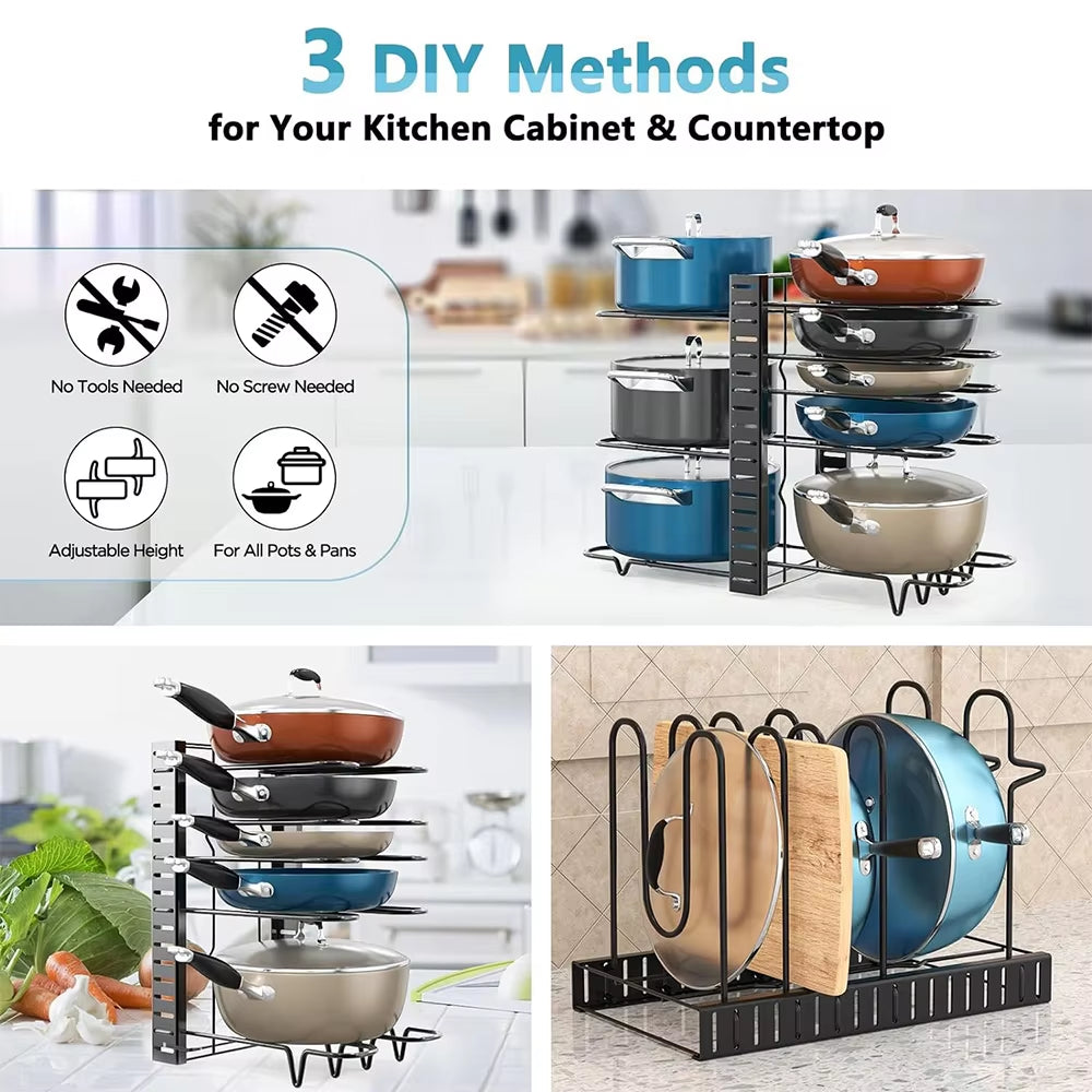 "8-Tier Adjustable Pan & Pot Organizer Rack for Kitchen"