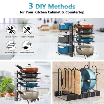 "8-Tier Adjustable Pan & Pot Organizer Rack for Kitchen"